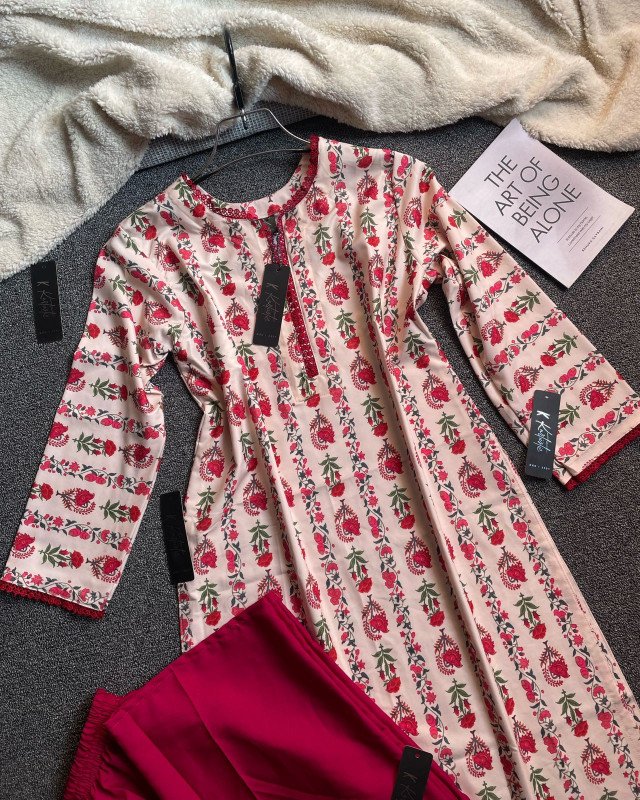 Soft Peach Beige Printed Kameez - Kurtiistic new arrivals: premium two piece set | reasonable price & premium quality.