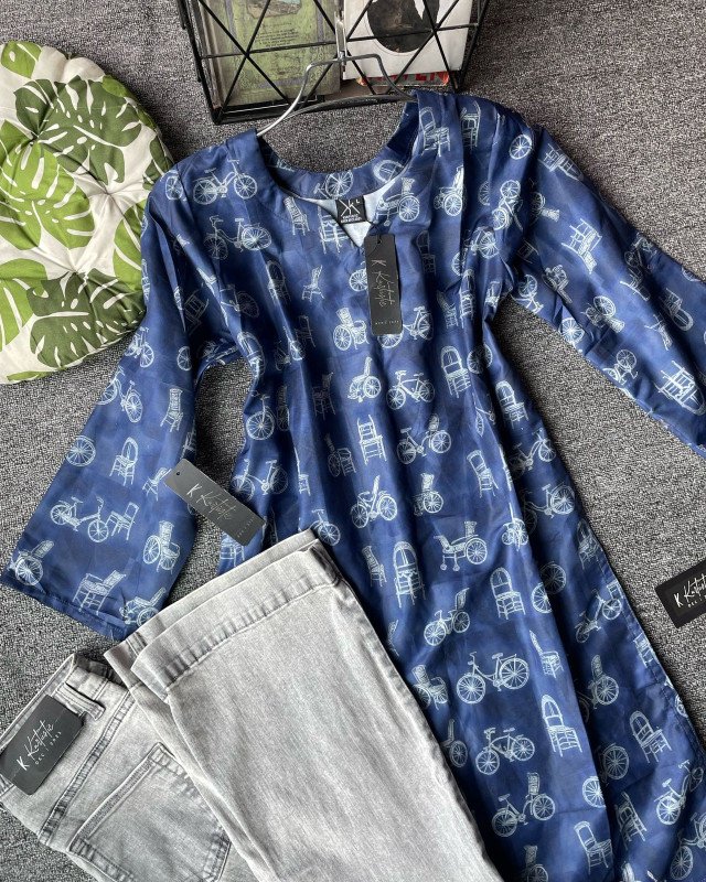 kurtiistic blend cotton kurti W/ jeans - Navy blue  - Pattern: White bicycle & chair print