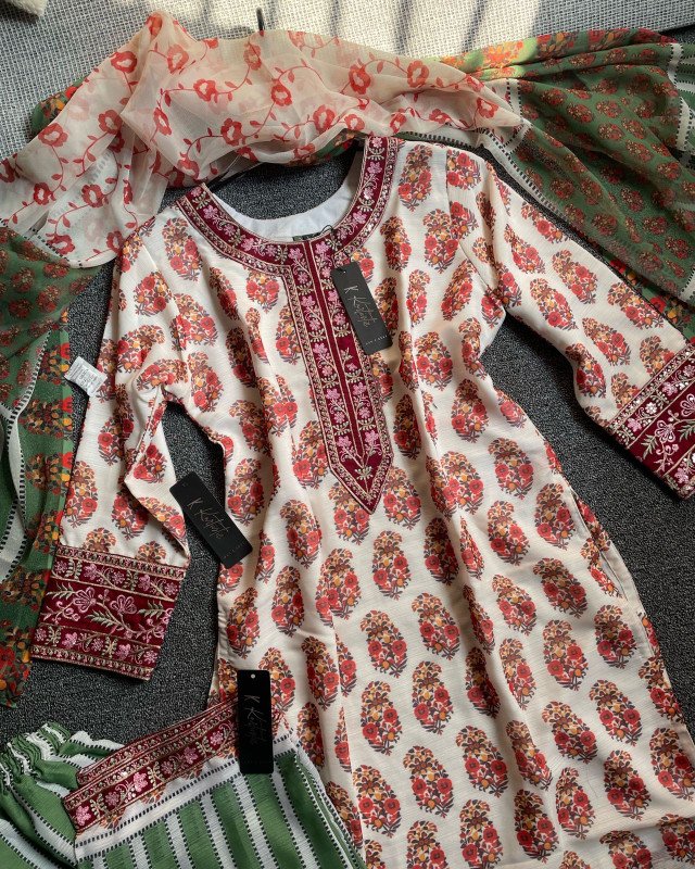 Kurtiistic new Eid ARRIVALS: ( 05 ) premium white gold georgette Emboidery & printed three piece set.