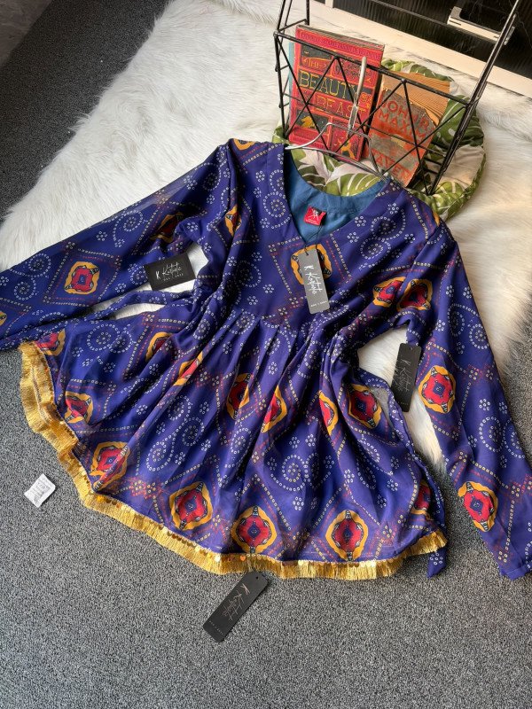 Deep Indigo Blue - (চুড়িদার ) ! Churidar kurti with / White Overlap Tulip Shalwar