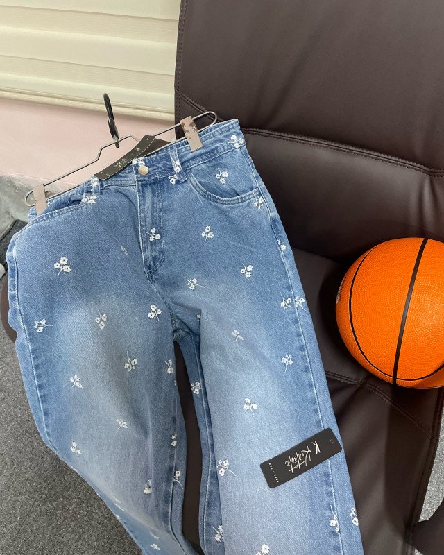 Kurtiistic white floral embroidered jeans pant