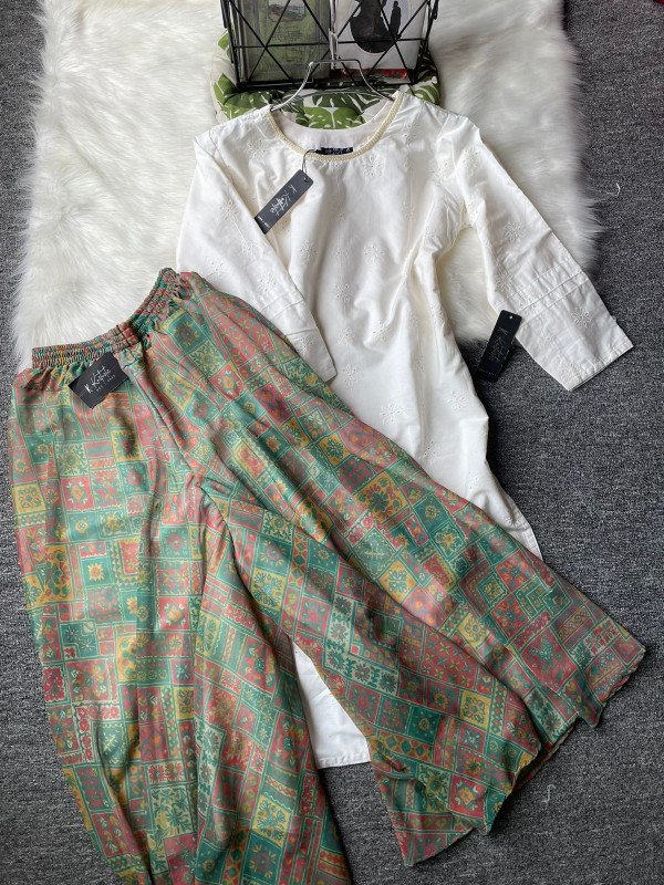 Kurtiistic new arrivals: Chickenkari kurti with georgette printed Plazo ( pant type skirt ) WHITE