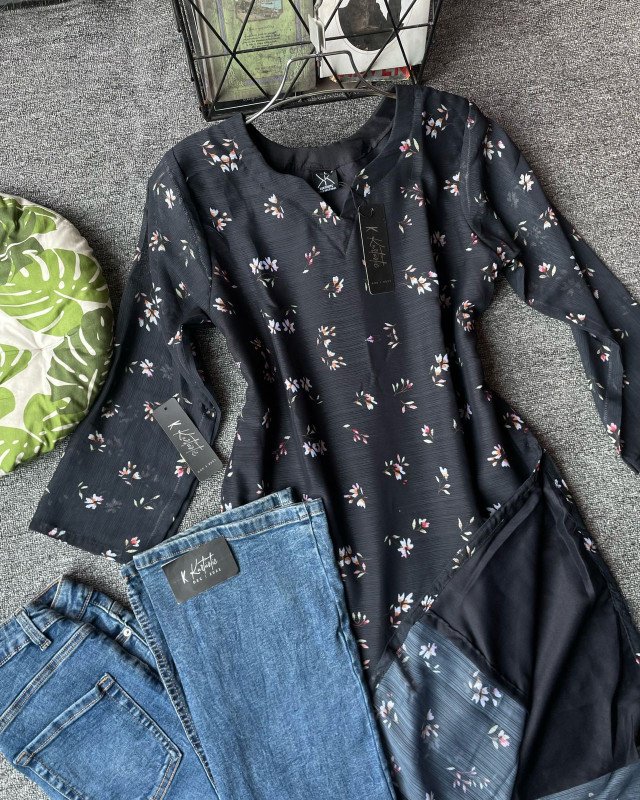 kurtiistic White Gold kurti w/ jeans - Main color: Jet Black Print color: Soft pastel floral (white-pink-peach-green mix)