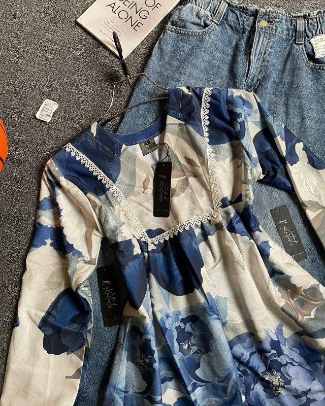 ( Kurtiistic premium short tops & jeans | Ivory Base with Navy & Dusty Blue Floral Print