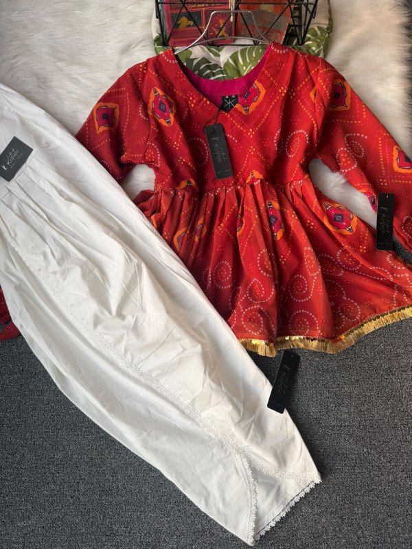 Festive Red  - (চুড়িদার ) ! Churidar kurti with / White Overlap Tulip Shalwar