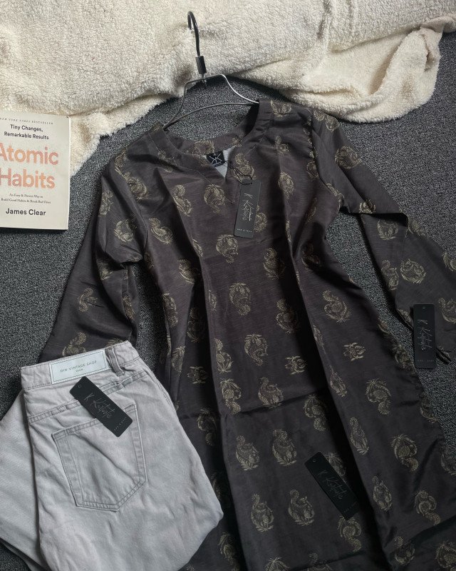 short kurti and jeans - Dark chocolate brown base with antique gold motif print