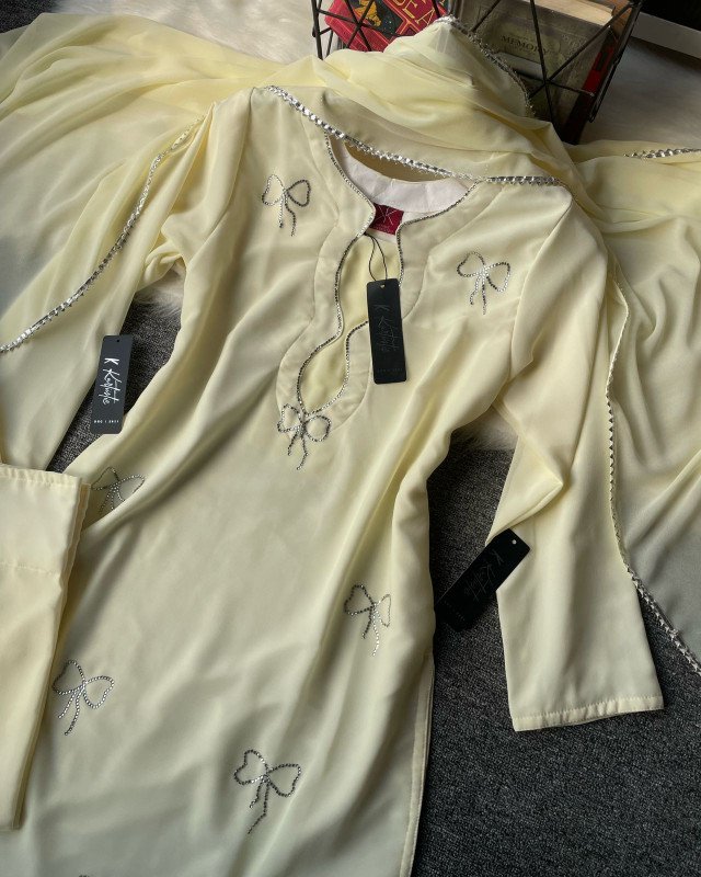( Butter Yellow ) - Kurtiistic New Eid Arrivals – Eid Exclusive Stone Work “Pookie Designed” Georgette Three Piece Set