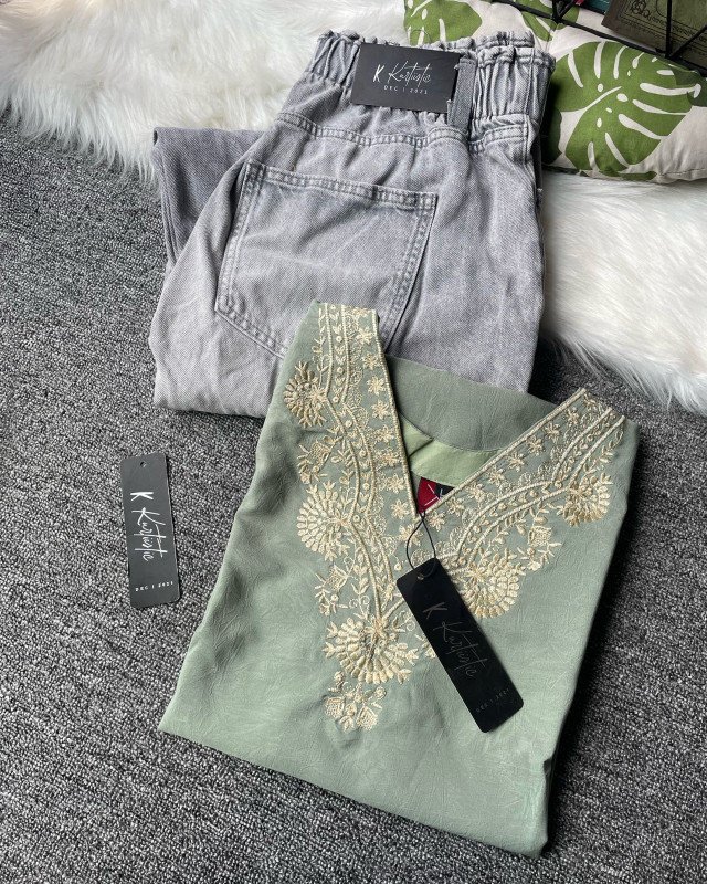 Kurtiistic New Arrivals: (Sage Green) Premium Embroidery Short Kurti with Jeans