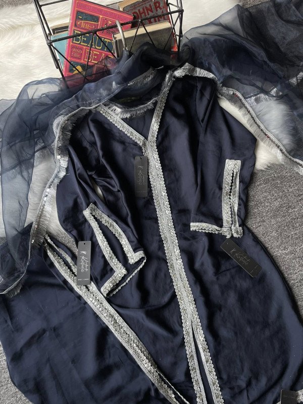 premium BLUE silk stone lace work three piece set -