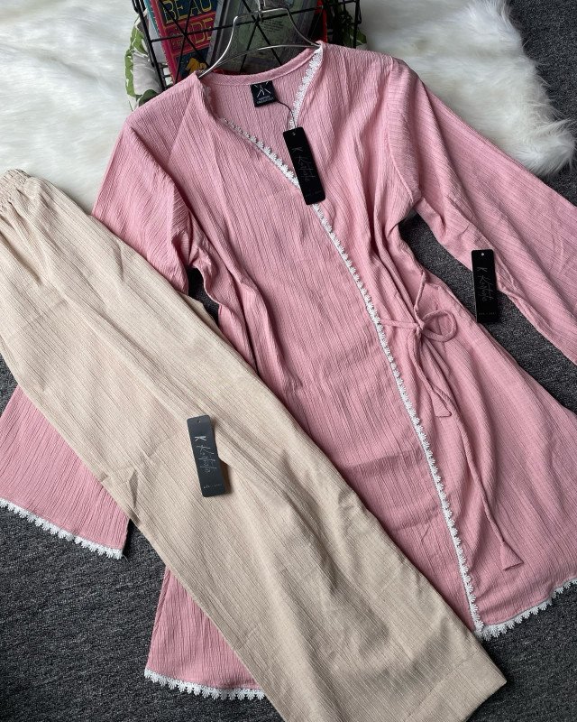 ( dusty pink ) Loose sleeves premium lace detailing tops with pant