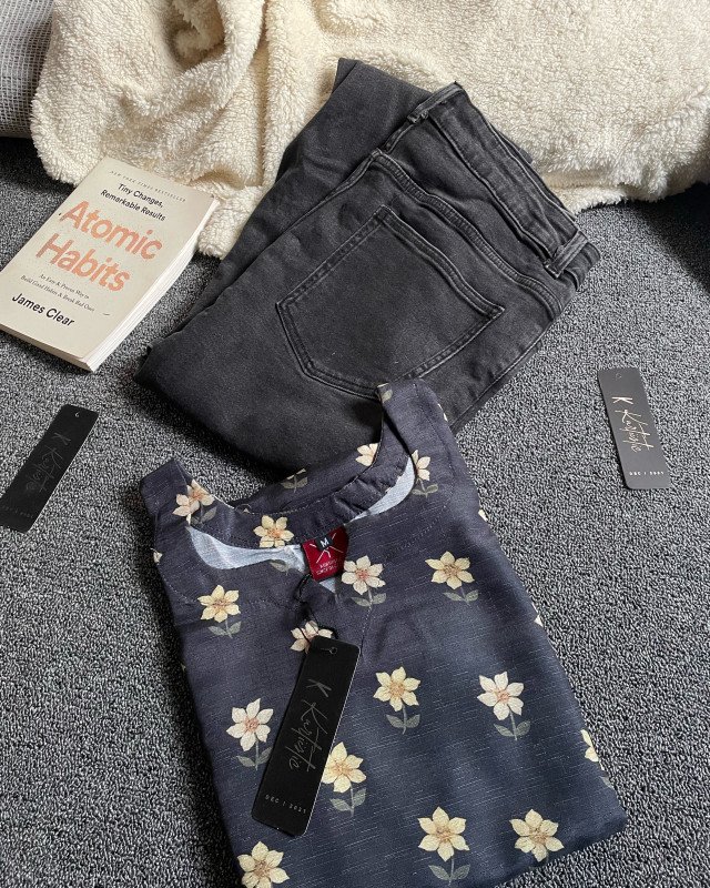 short kurti and jeans - Charcoal grey base with beige floral print