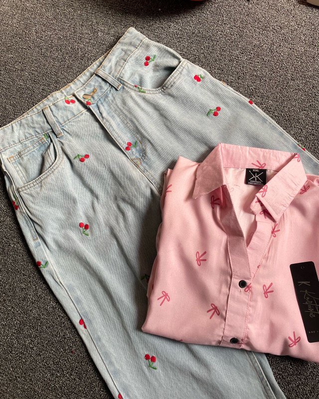 pookie printed shirt with cherry emboidery jeans.