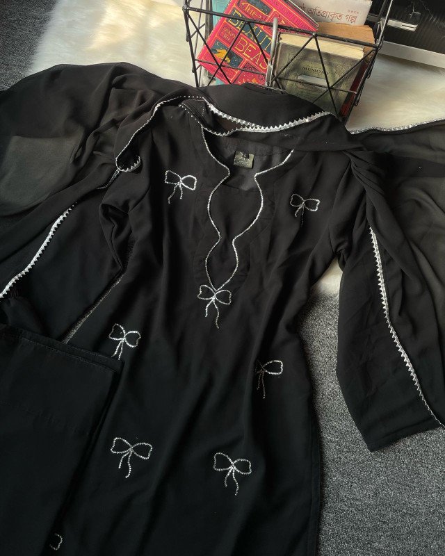 ( black ) - Kurtiistic New Eid Arrivals – Eid Exclusive Stone Work “Pookie Designed” Georgette Three Piece Set