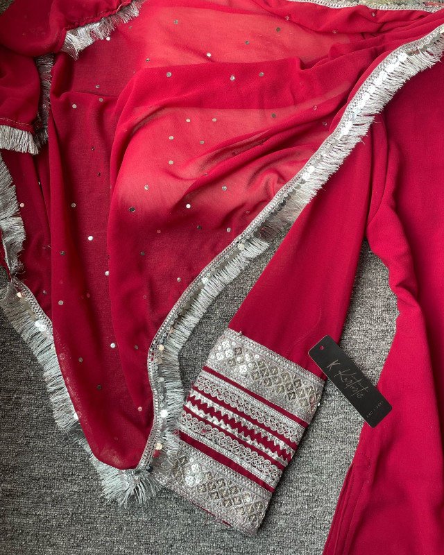 (RED) kurtiistic Eid Collection : ( 06 ) Kurti with ruffled palazzo-style pants ( wide - leg pants ) with all over mirror & lace work gorgeous dupatta.