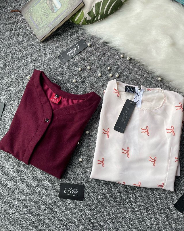 kurtiistic SERENA series | Winter special suite -  Soft off-white base kurti with subtle terracotta bow print, paired with a rich wine-maroon solid knit overlay top.