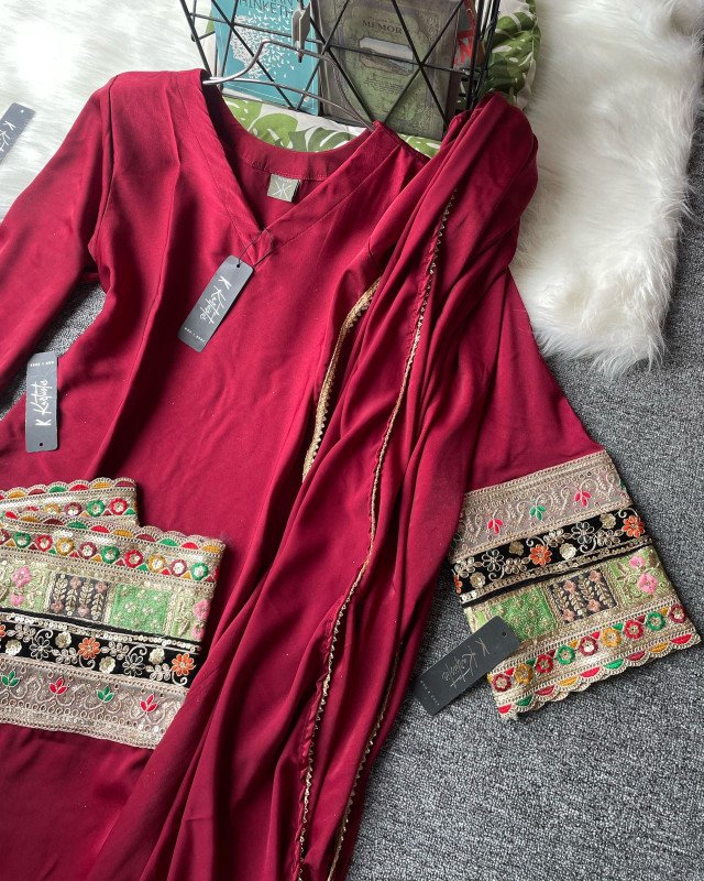 ( Wine Red ) Kurtiistic Eid Collection - 04 | Premium Dubai Silk Fabric three piece set
