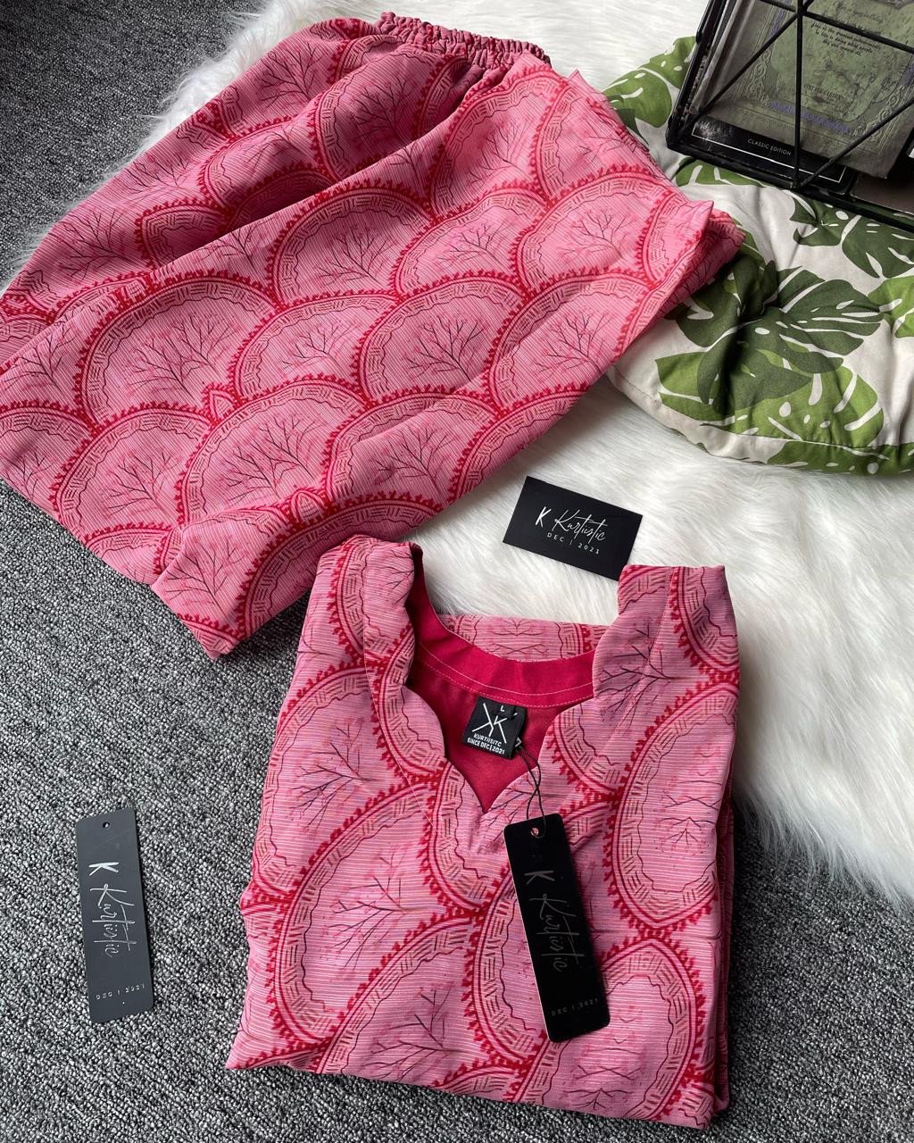 Kurtiistic WHITE GOLD GEORGETTE Two Piece - Rose Pink with Deep Magenta Red detailing.