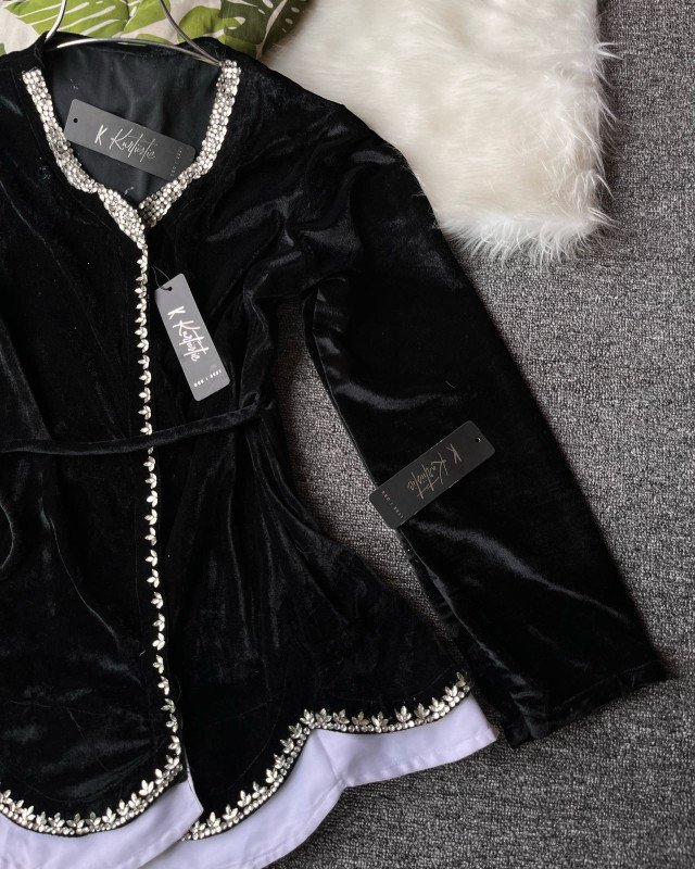 Kurtiistic Eid Collection - 03 | Stone work black velvet Tops with white color glossy georgette fabric skirt.