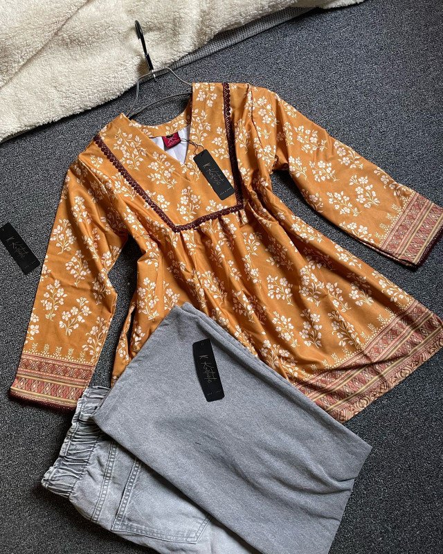 ( Kurtiistic premium short tops & jeans |Mustard Golden Base with Off-White Floral Print & Maroon Lace Detail