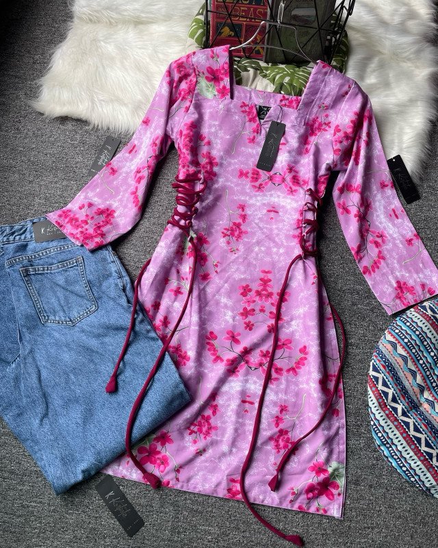 SQUARE NECK SIDE LACE CORSET KURTI -  Lavender Mist