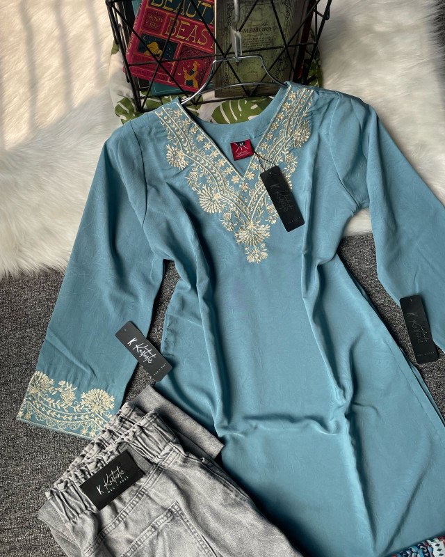 Kurtiistic New Arrivals: (dusty teal / muted aqua blue) Premium Embroidery Short Kurti with Jeans
