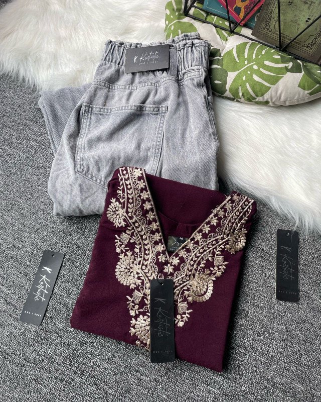 Kurtiistic New Arrivals: (wine/mulberry shade) Premium Embroidery Short Kurti with Jeans