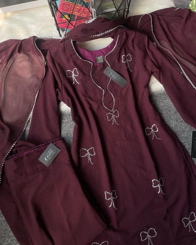 ( Deep Maroon ) - Kurtiistic New Eid Arrivals – Eid Exclusive Stone Work “Pookie Designed” Georgette Three Piece Set