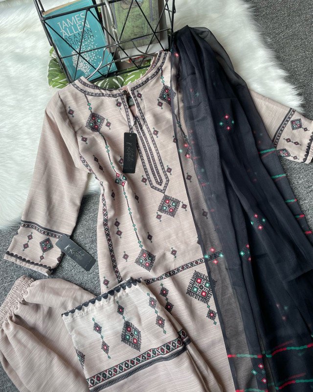 KURTIISTIC EID COLLECTION -  Soft Ivory Floral Elegance Three pieces set.