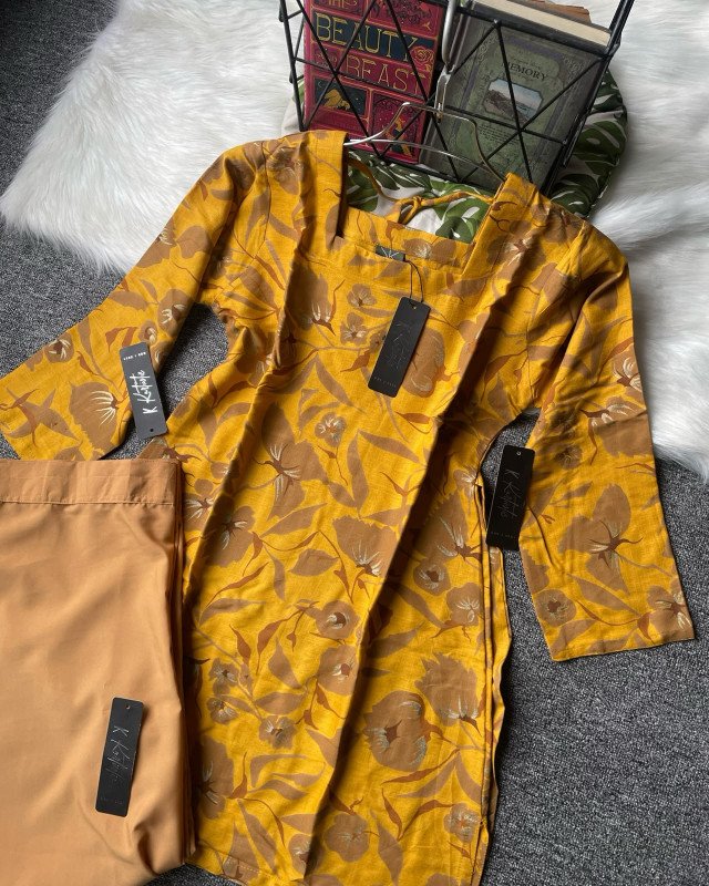 ( Golden Mustard ) Premium Cotton Printed Short Kurti with Pants