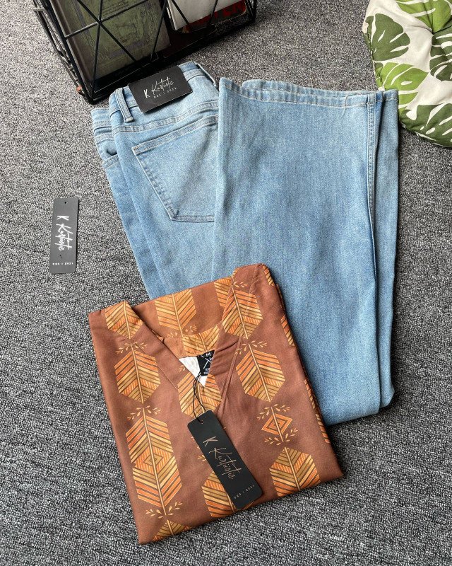 kurtiistic blend cotton kurti W/ jeans - (Caramel Brown with Golden Mustard Print)