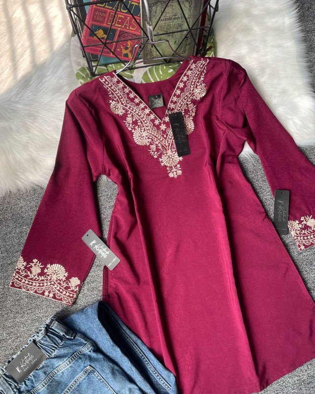 Kurtiistic New Arrivals: (“Cherry Wine) Premium Embroidery Short Kurti with Jeans