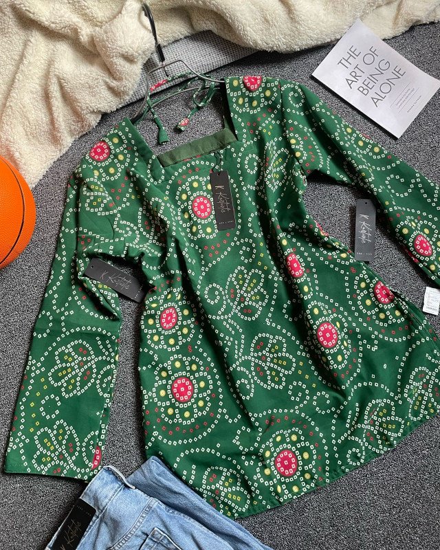 Deep Bottle Green - Vatik inspired prints | kurtiistic new vatik printed ( digital ) Short kurti and jeans| Corset Back kurti