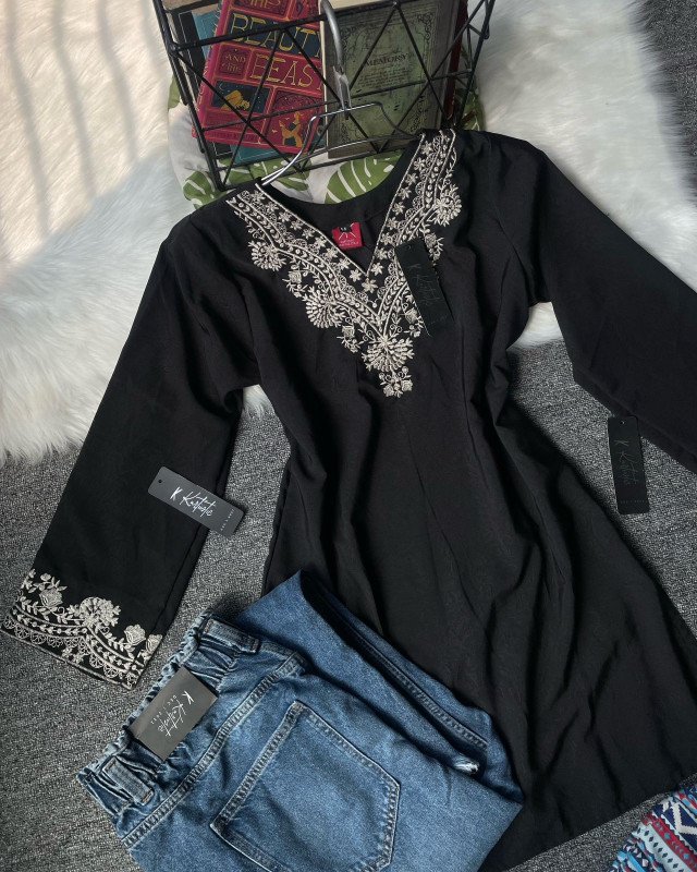 Kurtiistic New Arrivals: (BLACK) Premium Embroidery Short Kurti with Jeans
