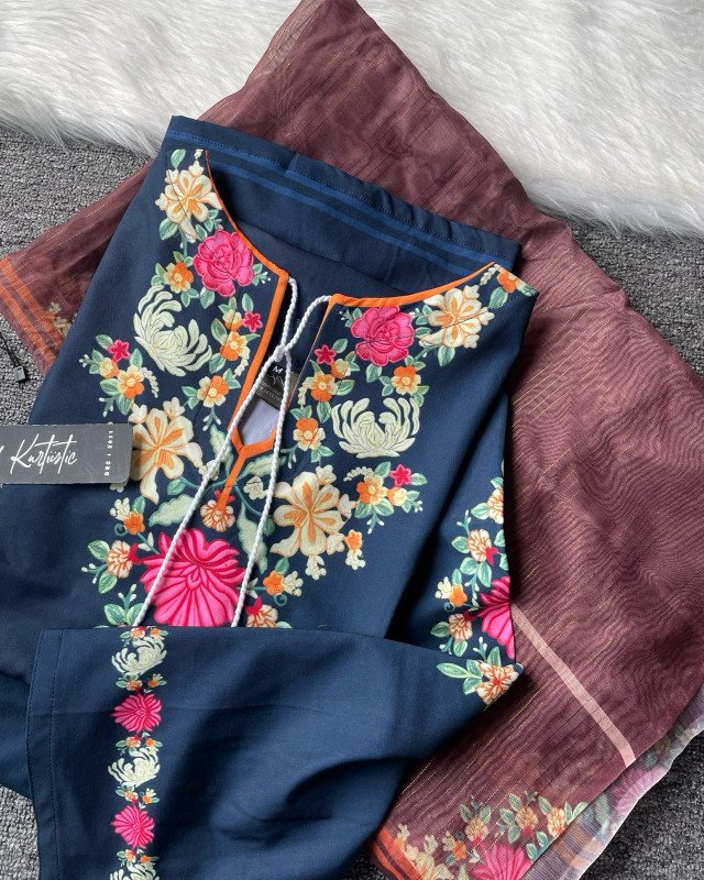 Kurtiistic new arrivals – NAVY ROSE premium three piece set available now only on Kurtiistic.