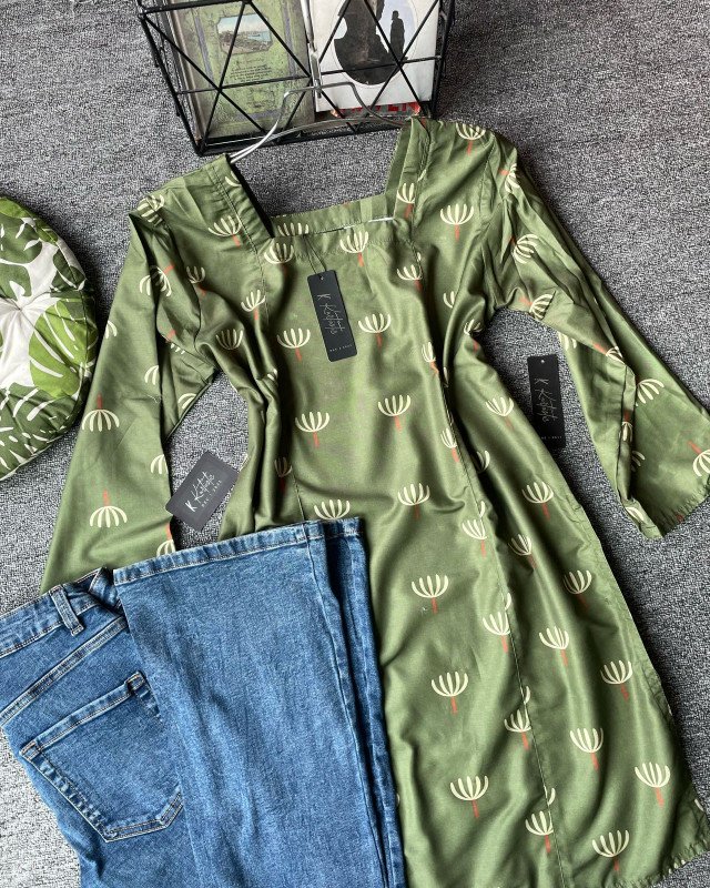 kurtiistic blend cotton kurti W/ jeans - Olive green