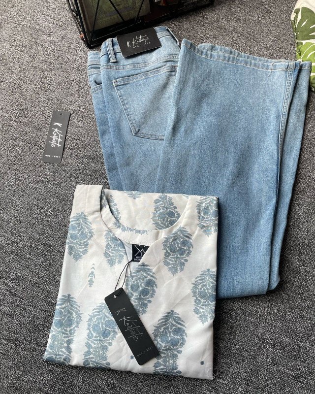 kurtiistic blend cotton kurti W/ jeans - (Off-white / cream base with soft sky-blue floral motifs)